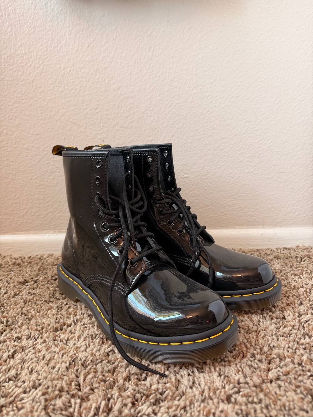 Dr. Martens Black Patent Lace-Up Boots with Yellow Stitching